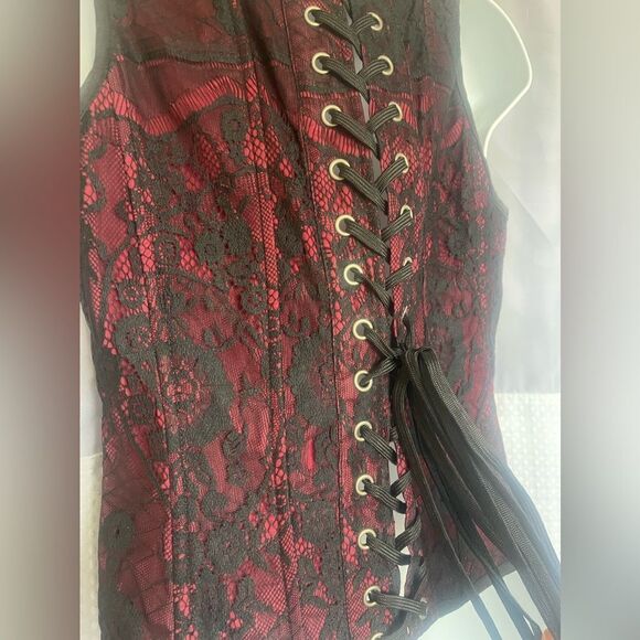 Lip Service Black and Red Lace Corset Tank Hook and Eye closure Lace Up Back - Picture 4 of 9